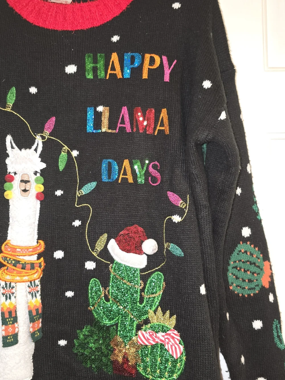 Holiday Time Black Llama Days Sweater with Multicolor Accents